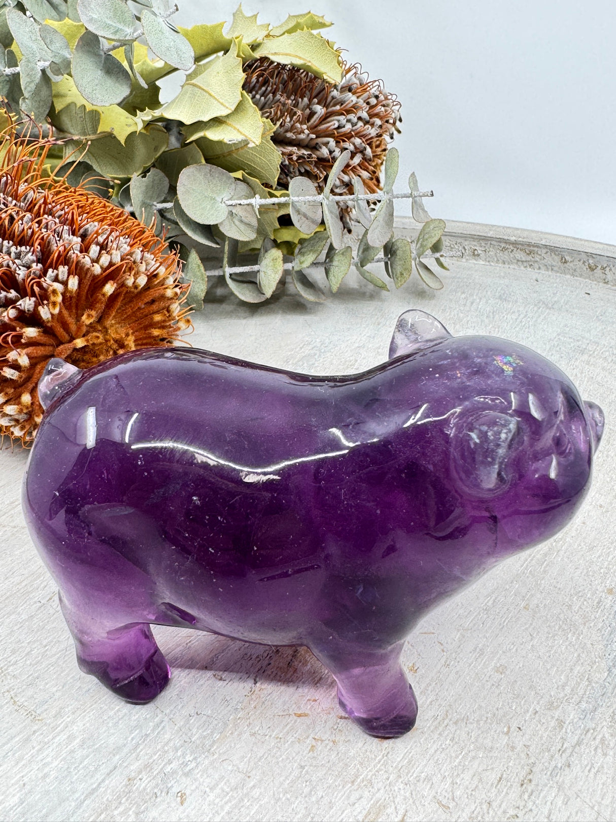 Purple Fluorite Pig Carving 431g (5x9.5cm) – Stone of Intuition, Clarity & Spiritual Balance