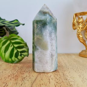 11cm Ocean Jasper point weighing 267g with green and white marbling and natural druzy crystal centre.
