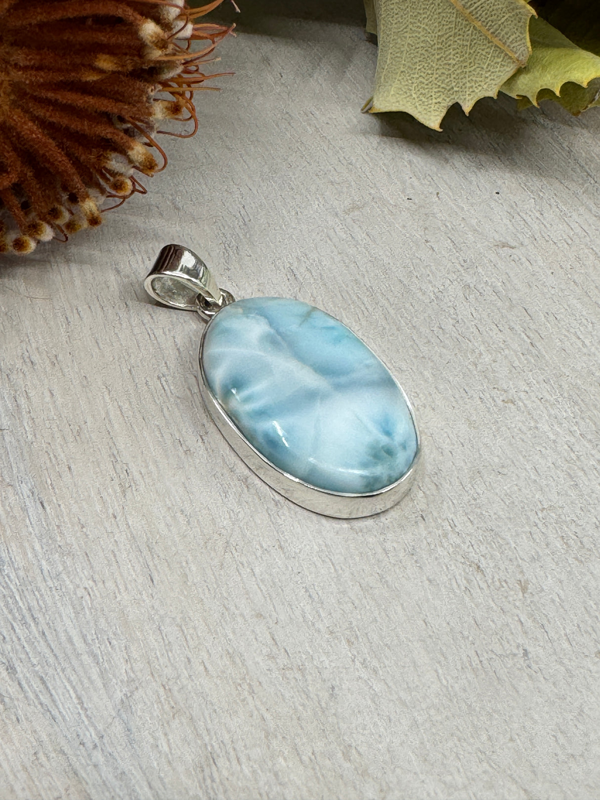 Larimar pendant #3 9.36g 4.4x2cm set in .925 silver – blue crystal necklace with chain, gift box and card – Inspired By 3 Crystals Australia.