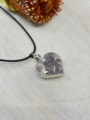 Garnet heart bottle pendant 40x32x11mm glass with platinum-plated alloy – filled with red crystal chips for passion, strength and vitality – Inspired By 3 Crystals Australia.