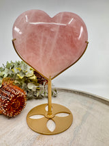 Large Rose Quartz heart on gold stand 1.6kg 16x14cm – deep pink crystal symbol of love, peace and emotional healing – Inspired By 3 Crystals Australia.