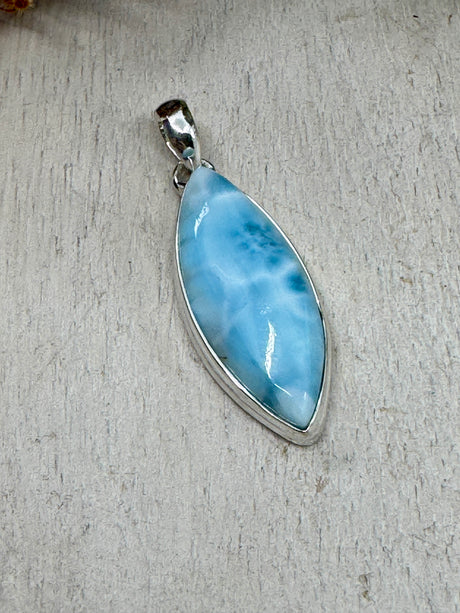 Larimar pendant #1 6.52g 4.2x1.6cm set in .925 silver – blue crystal necklace for calm and divine feminine energy – Inspired By 3 Crystals Australia.
