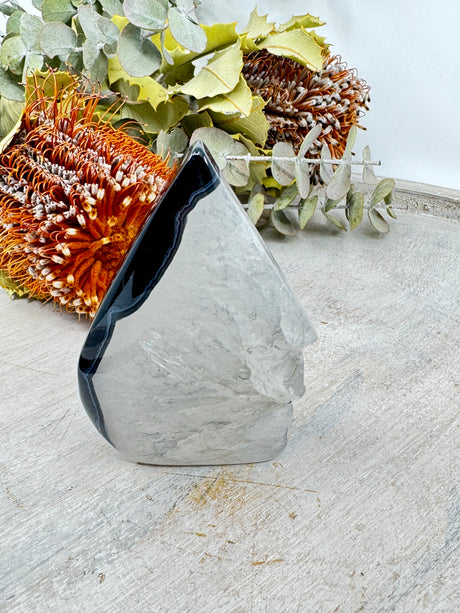 Black Banded Agate flame 181g 9x6cm – layered black and white crystal for grounding, balance and protection – Inspired By 3 Crystals Australia.