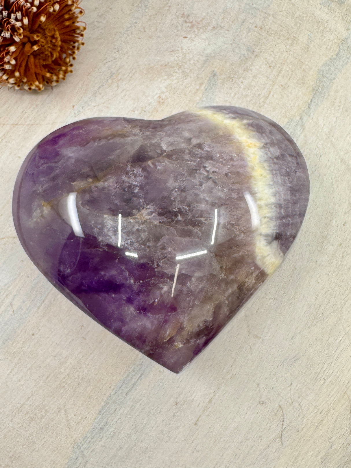 Chevron Amethyst Heart on Gold Stand 892g (13x11cm) – Stone of Harmony, Intuition & Divine Protection