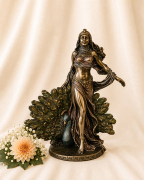 Cold Cast Bronze Goddess Hera Statue representing the Queen of Olympus, Greek Goddess of marriage, family, feminine strength and divine wisdom, measuring 25cm tall.