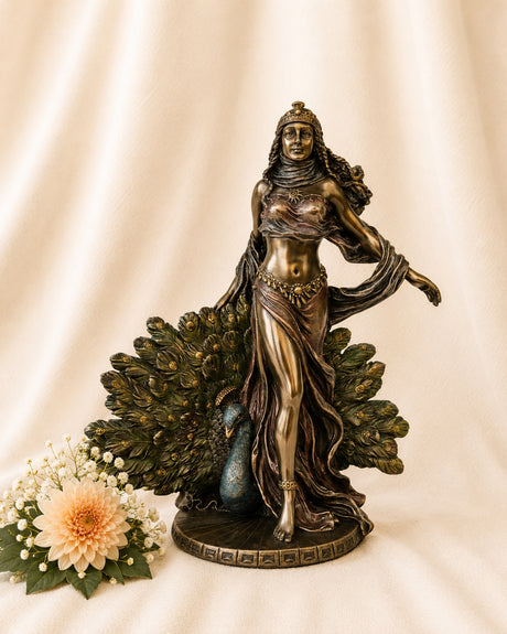 Cold Cast Bronze Goddess Hera Statue representing the Queen of Olympus, Greek Goddess of marriage, family, feminine strength and divine wisdom, measuring 25cm tall.