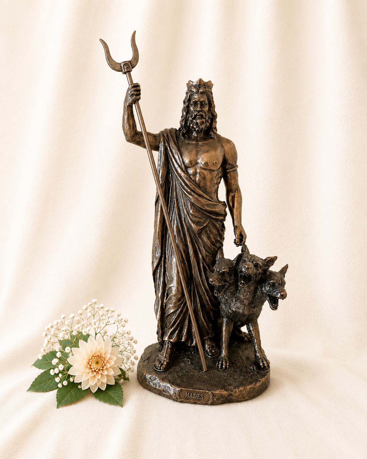 Cold Cast Bronze Hades Statue with Cerberus, featuring the Greek God of the Underworld holding his bident, measuring 37cm tall.