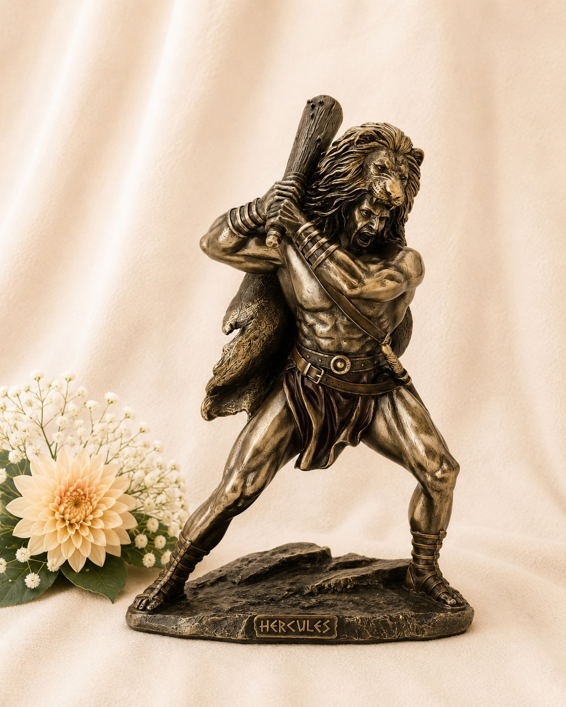 Cold Cast Bronze Hercules Statue depicting the legendary Greek hero wearing the Nemean Lion skin and holding his club, measuring 25.5cm tall.