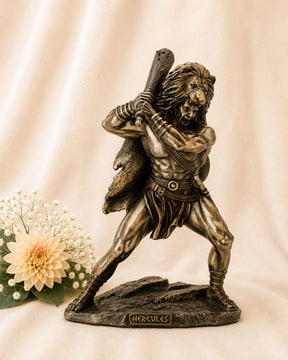 Cold Cast Bronze Hercules Statue depicting the legendary Greek hero wearing the Nemean Lion skin and holding his club, measuring 25.5cm tall.