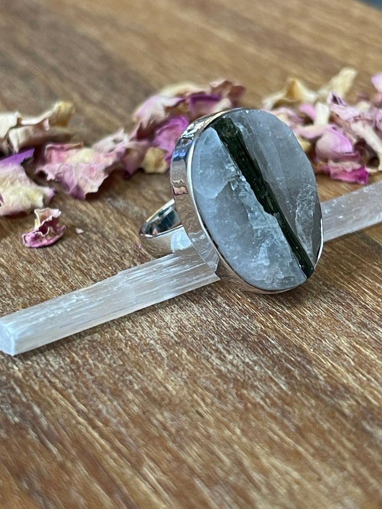 Tourmaline Quartz Silver Ring Size 7 - "My mind, body, and spirit are protected and grounded."