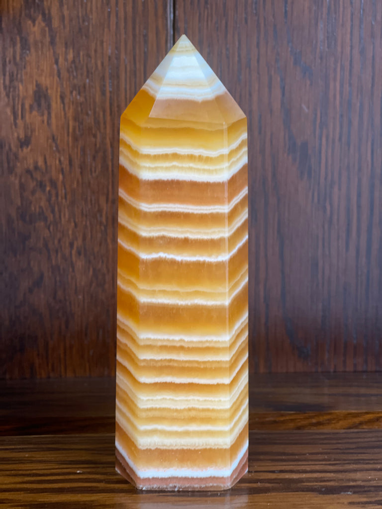 Banded Orange Calcite Tower #8 463g - "My mind is filled with new, creative ideas."