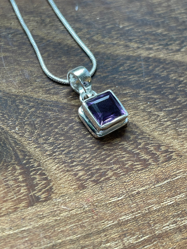 Amethyst Square Petite Silver Pendant & Chain- Intuition. Protection.