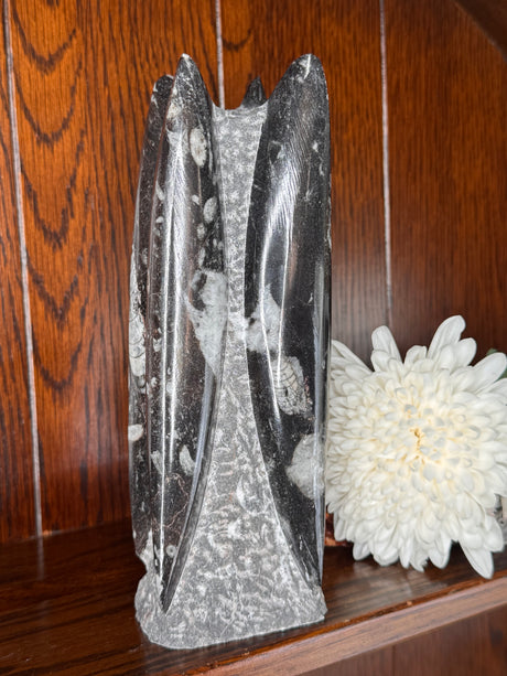 Orthoceras fossil tower, polished stone with visible shell fossils, used for past-life healing and stability.