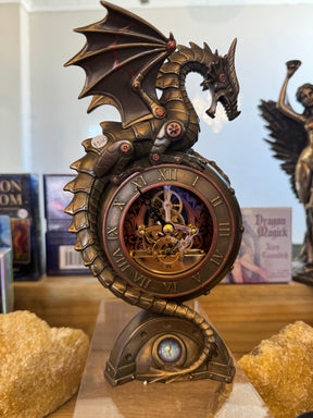 "Steampunk Dragon Clock with blue dragon eye – bronze resin fantasy sculpture with gears, symbol of time, wisdom and imagination"