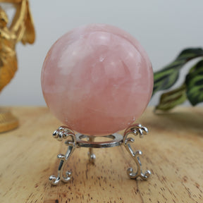 Rose Quartz sphere on decorative stand, soft pink polished crystal, 316g