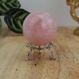 Rose Quartz sphere on decorative stand, soft pink polished crystal, 316g
