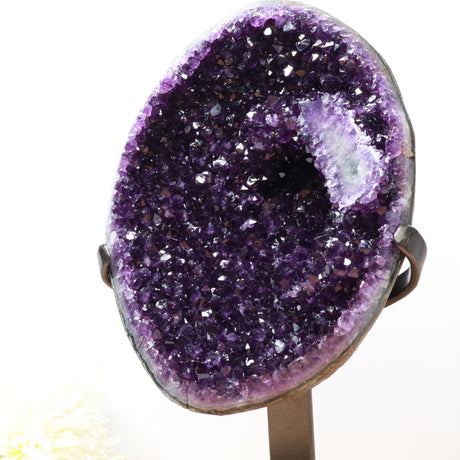 Large Uruguayan amethyst druzy cluster on stand with deep purple crystals and natural stalactite formation, 3.1kg statement piece.
