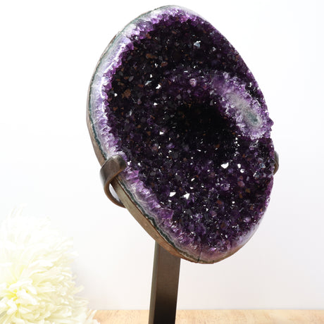 Large Uruguayan amethyst druzy cluster on stand with deep purple crystals and natural stalactite formation, 3.1kg statement piece.