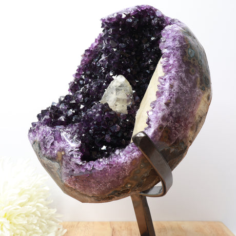 Large Uruguayan Amethyst cluster with Calcite inclusion on stand deep purple crystal 7.1kg
