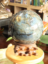 The Enchanted Realm – Magnificent 5.45kg Labradorite Sphere with Hand-Carved Wooden Stand