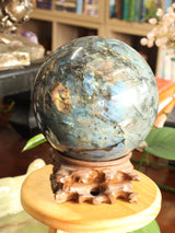 The Enchanted Realm – Magnificent 5.45kg Labradorite Sphere with Hand-Carved Wooden Stand