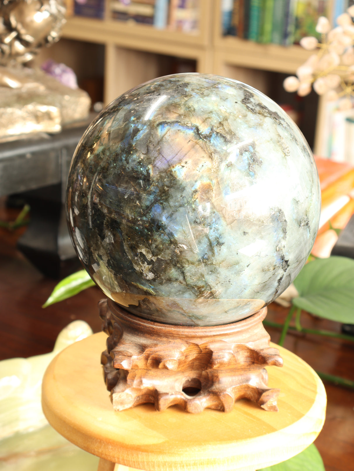 The Enchanted Realm – Magnificent 5.45kg Labradorite Sphere with Hand-Carved Wooden Stand