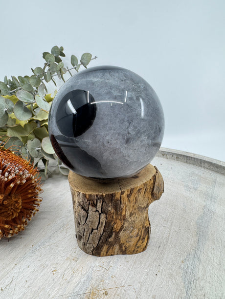 Banded Black Agate sphere 377 g 6.6 cm – natural black and white grounding crystal for protection and balance – Inspired By 3 Crystals Australia.