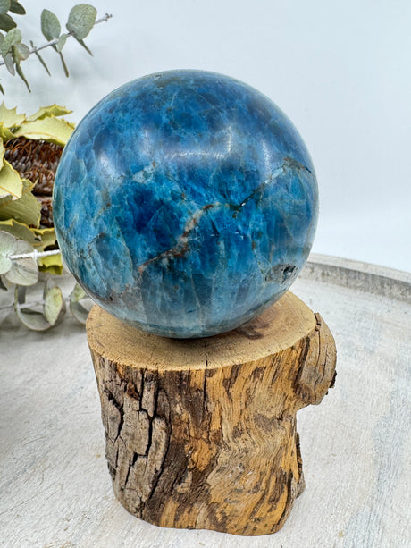 Blue Apatite sphere 325g 6cm – vibrant blue crystal for clarity, manifestation and communication – Inspired By 3 Crystals Australia.