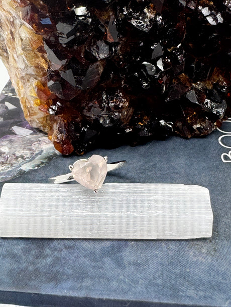 Rose Quartz Heart Silver Ring Size 9 - “I radiate love, beauty, confidence and grace”