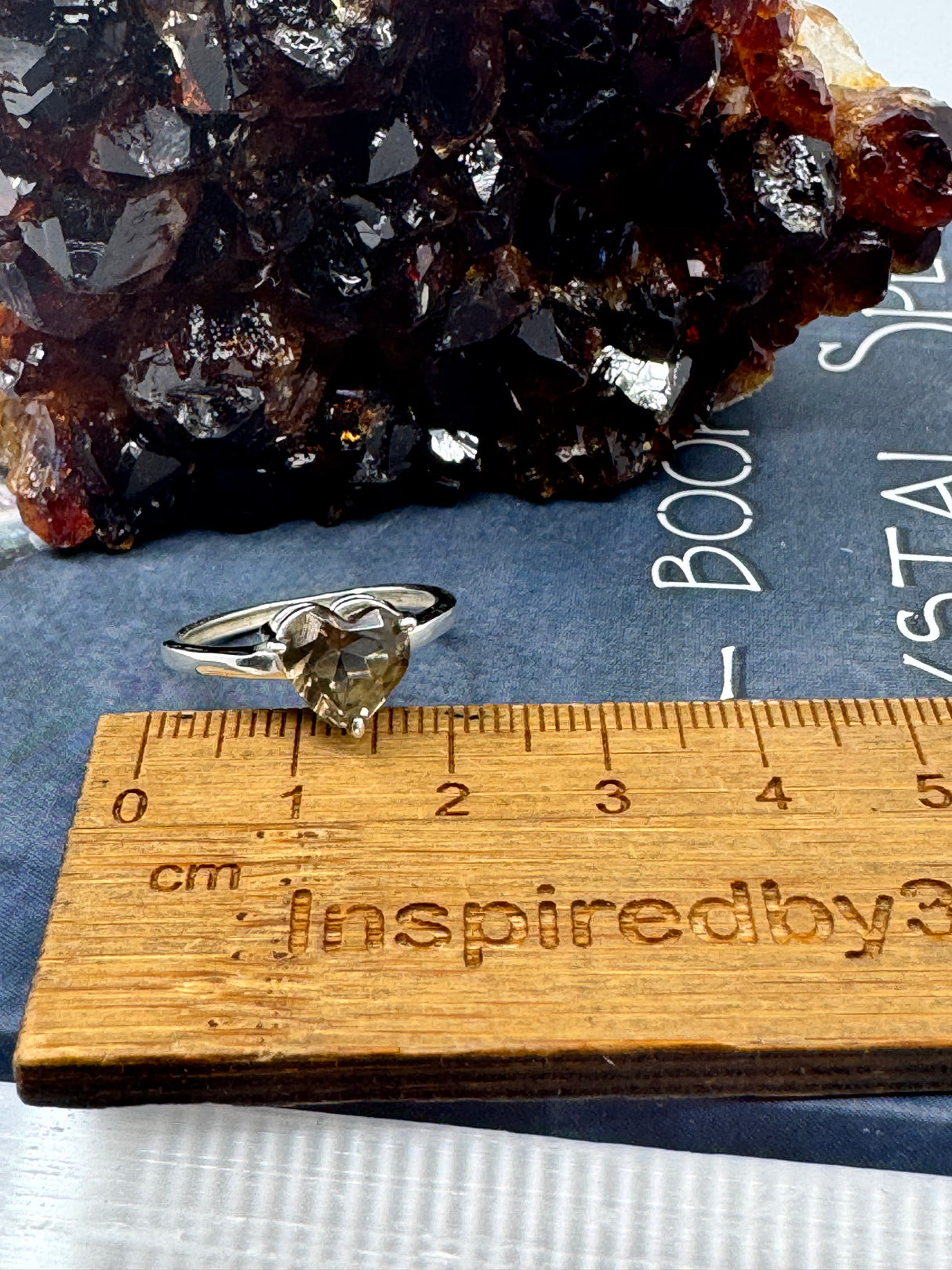 Smoky Quartz Heart Silver Ring Size 9 - “My spirit is deeply grounded in the present moment”.