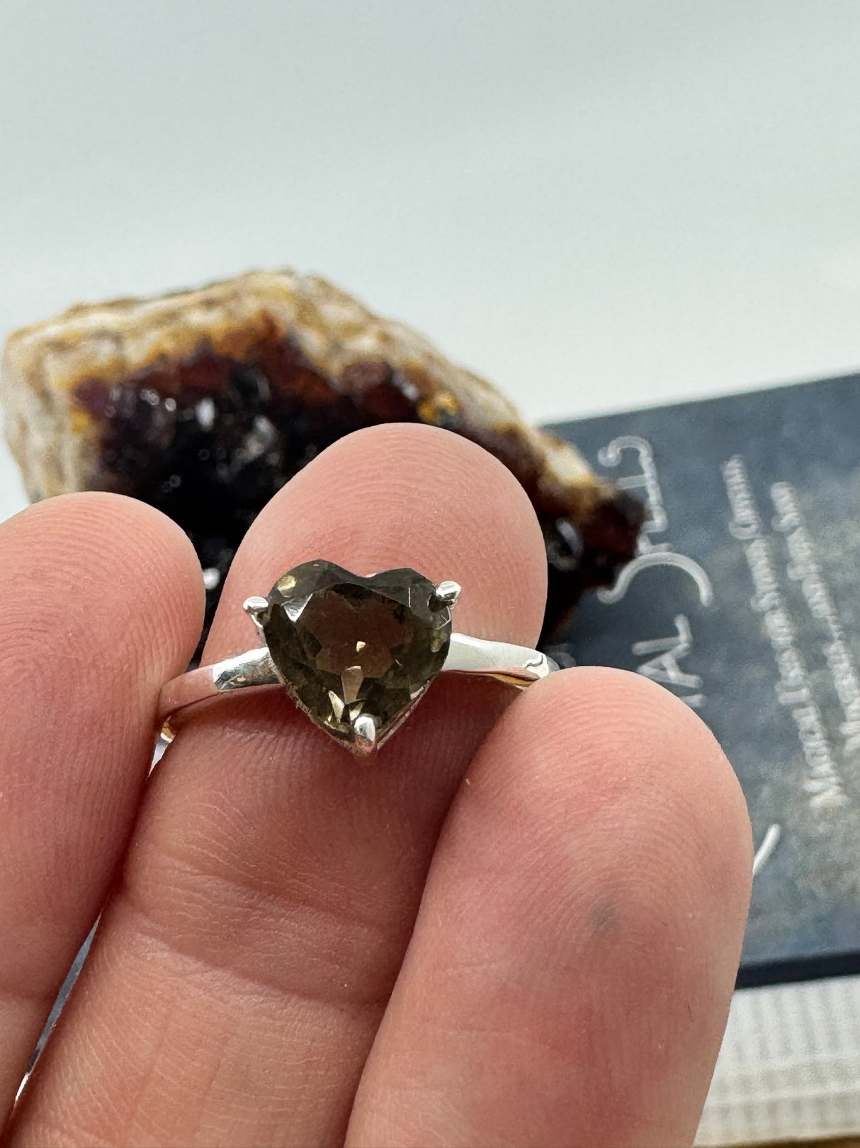 Smoky Quartz Heart Silver Ring Size 9 - “My spirit is deeply grounded in the present moment”.