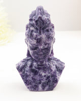 Natural Lepidolite Kuan Yin carving 404g in lavender and purple crystal, 12cm Guanyin Goddess of Compassion crystal statue for peace and meditation.