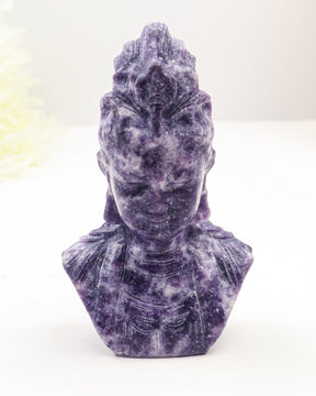 Natural Lepidolite Kuan Yin carving 404g in lavender and purple crystal, 12cm Guanyin Goddess of Compassion crystal statue for peace and meditation.
