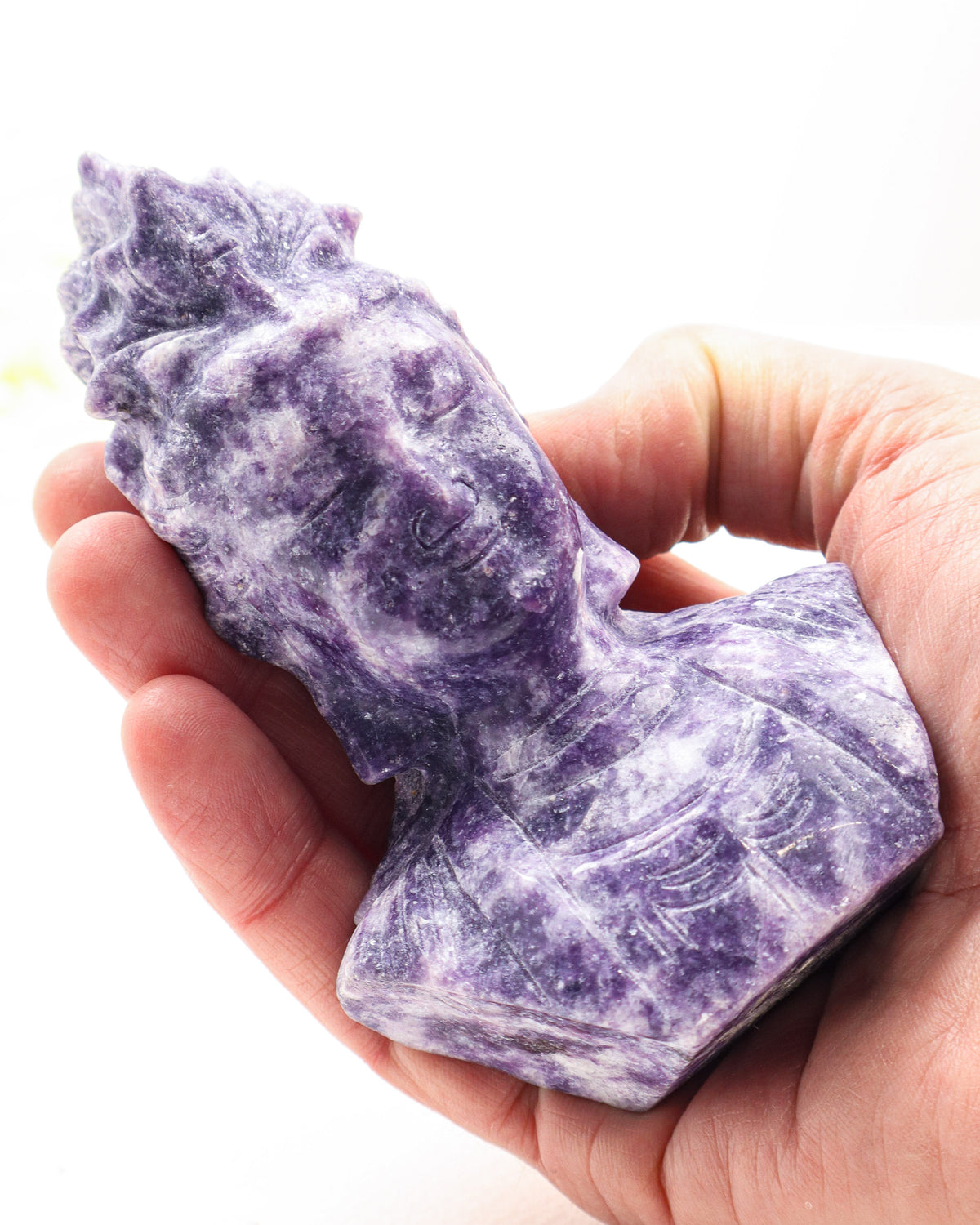 Lepidolite Kuan Yin Carving 404g – The Goddess of Compassion | Peace & Emotional Healing