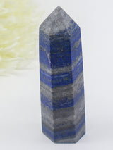 Lapis Lazuli Crystal Point 120g with blue and grey natural banding and pyrite inclusions, polished 10cm crystal tower.