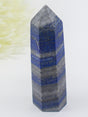 Lapis Lazuli Crystal Point 120g with blue and grey natural banding and pyrite inclusions, polished 10cm crystal tower.