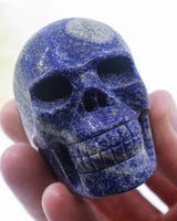 Lapis Lazuli Skull Carving 340g with golden pyrite and calcite markings