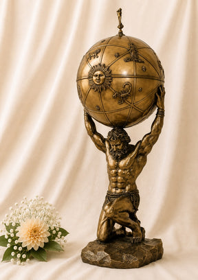 Large Atlas Carrying the Celestial Heavens Cold Cast Bronze Statue holding a detailed zodiac globe featuring constellations, sun and astrological symbols.
