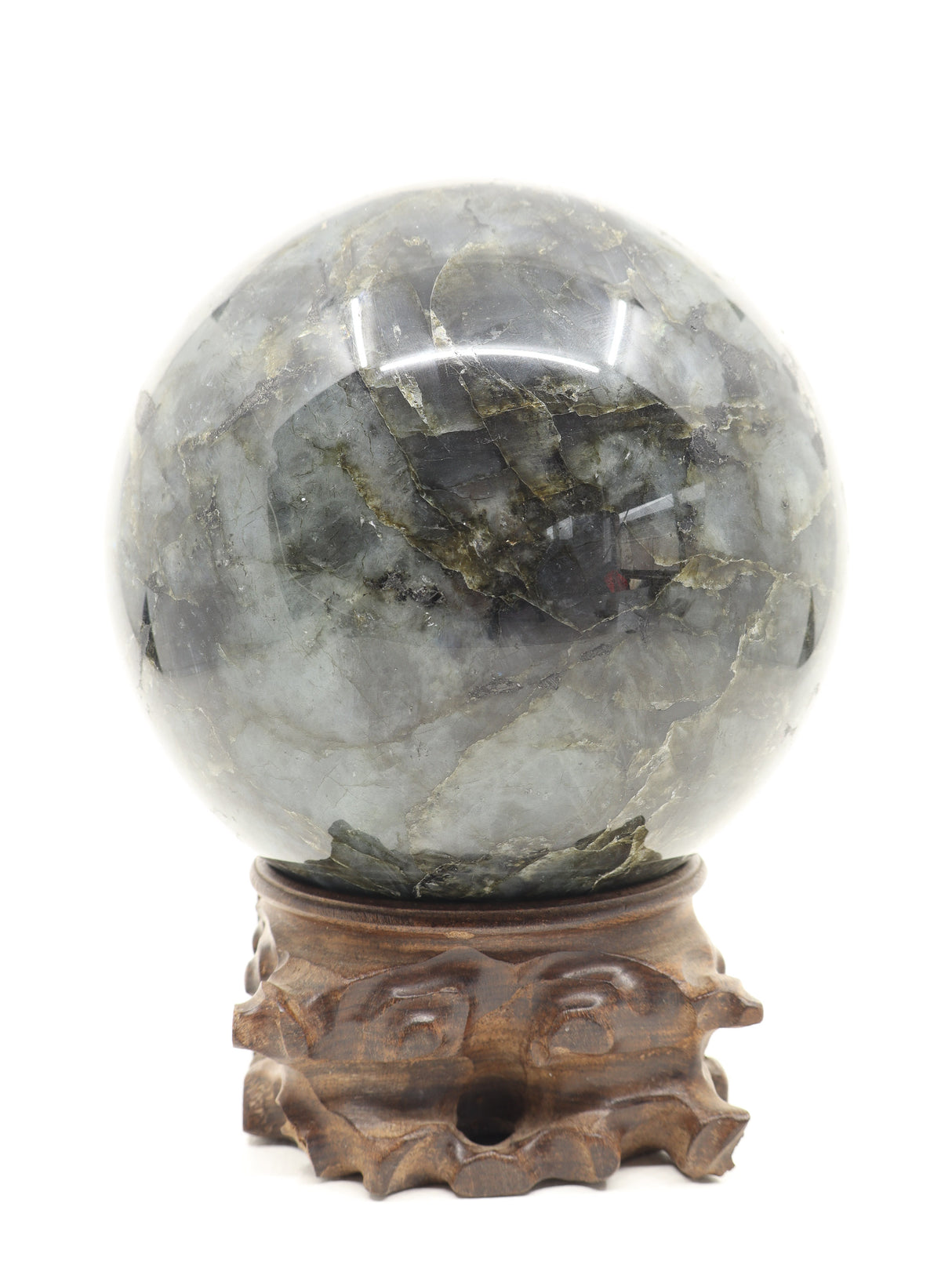 The Enchanted Realm – Magnificent 5.45kg Labradorite Sphere with Hand-Carved Wooden Stand