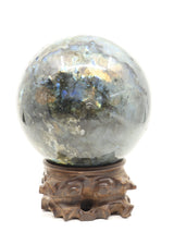 The Enchanted Realm – Magnificent 5.45kg Labradorite Sphere with Hand-Carved Wooden Stand