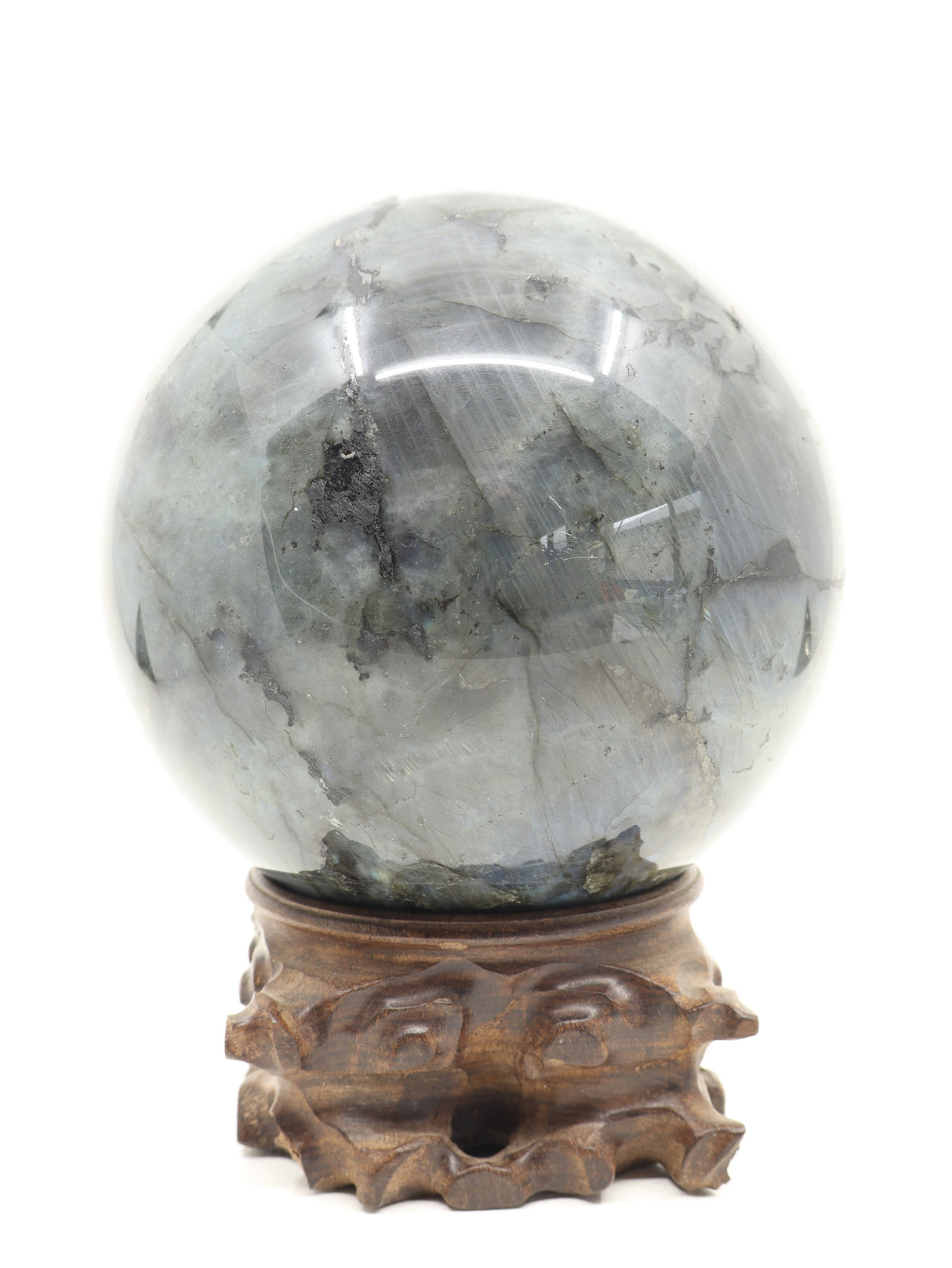 The Enchanted Realm – Magnificent 5.45kg Labradorite Sphere with Hand-Carved Wooden Stand