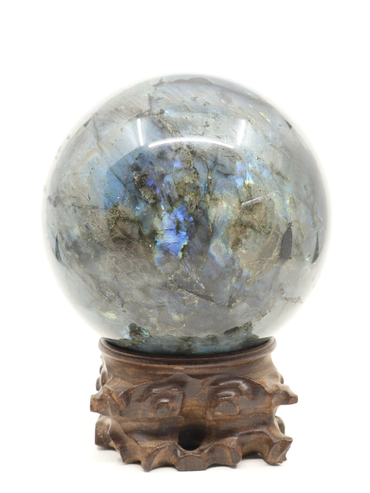 The Enchanted Realm – Magnificent 5.45kg Labradorite Sphere with Hand-Carved Wooden Stand
