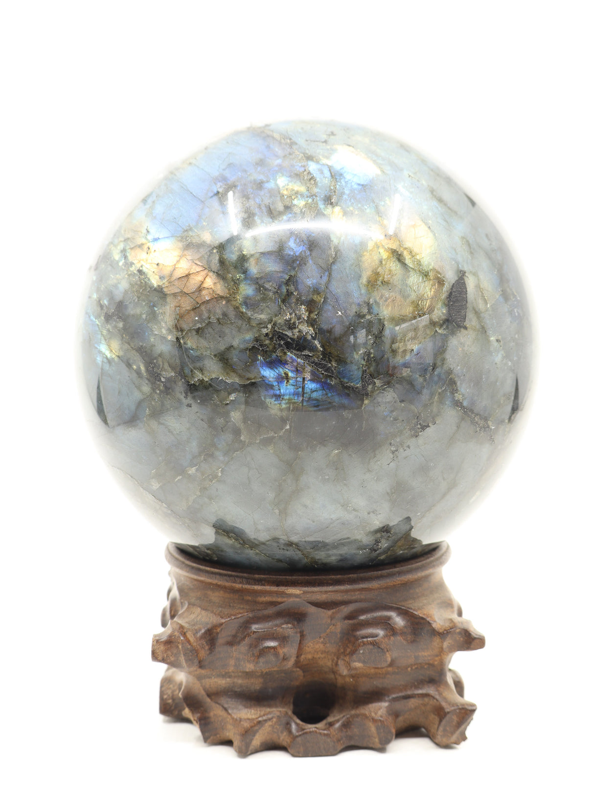 The Enchanted Realm – Magnificent 5.45kg Labradorite Sphere with Hand-Carved Wooden Stand