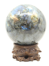 The Enchanted Realm – Magnificent 5.45kg Labradorite Sphere with Hand-Carved Wooden Stand