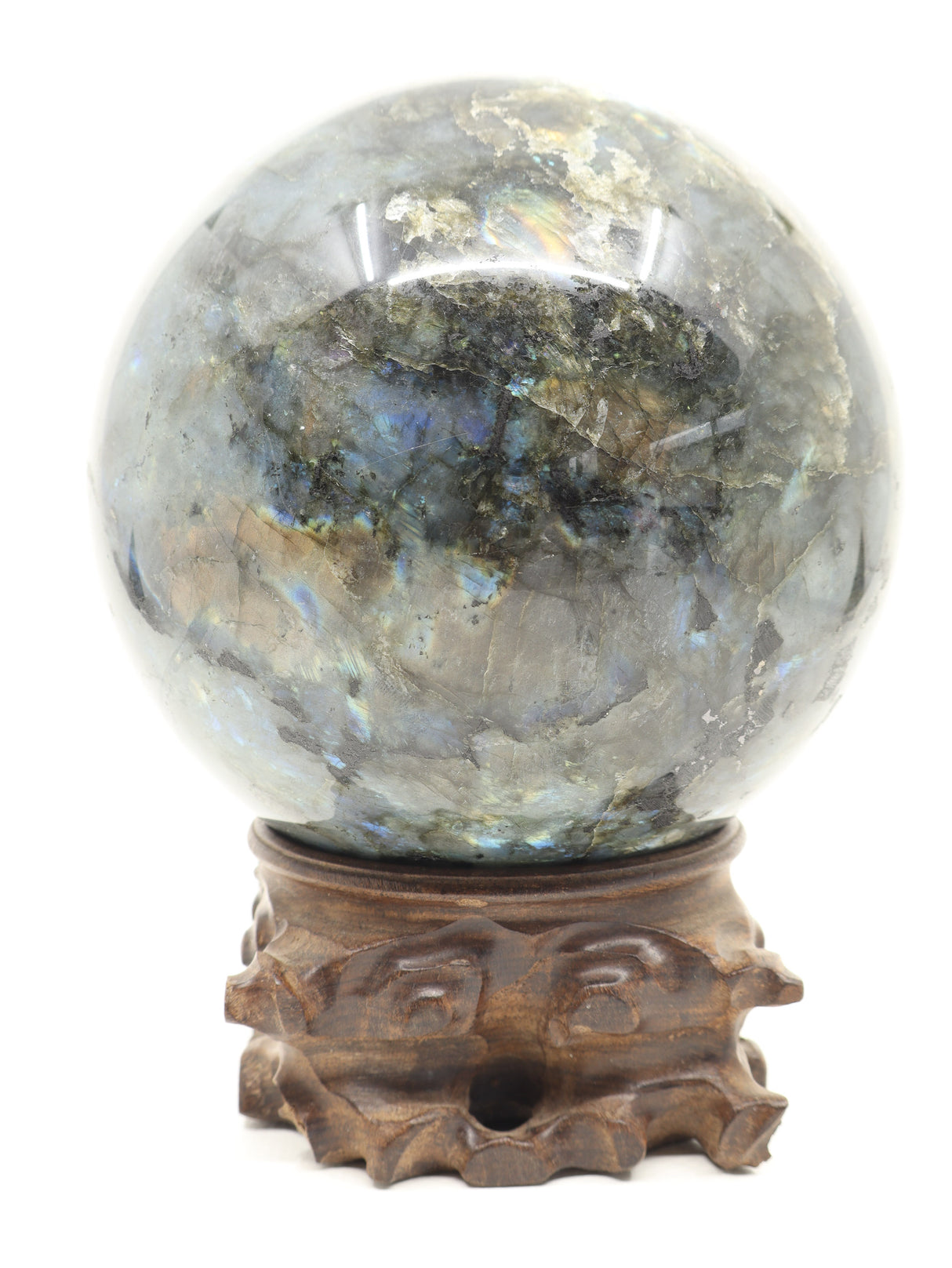 The Enchanted Realm – Magnificent 5.45kg Labradorite Sphere with Hand-Carved Wooden Stand