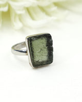 Genuine Czech Moldavite sterling silver ring with natural rectangular raw Moldavite gemstone in a handcrafted bezel setting, Size 9.