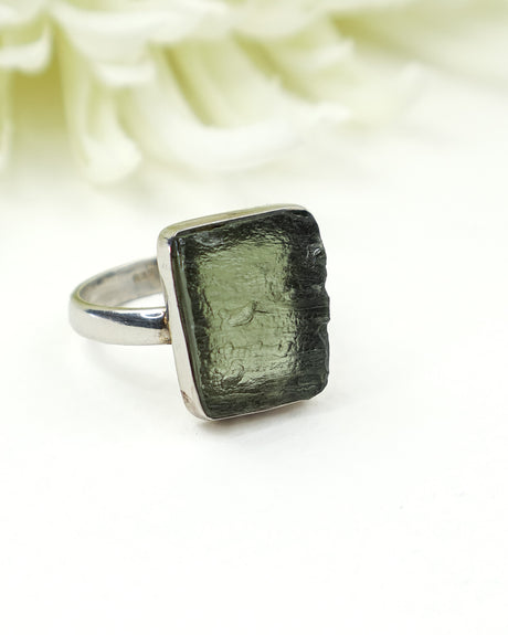 Genuine Czech Moldavite sterling silver ring with natural rectangular raw Moldavite gemstone in a handcrafted bezel setting, Size 9.
