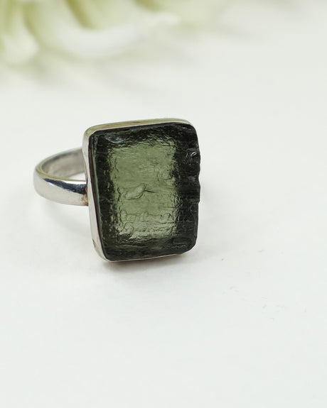 Genuine Czech Moldavite sterling silver ring with natural rectangular raw Moldavite gemstone in a handcrafted bezel setting, Size 9.