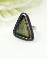 Large natural triangular Czech Moldavite ring handcrafted in solid 925 sterling silver featuring a genuine translucent green Moldavite gemstone, size 8.