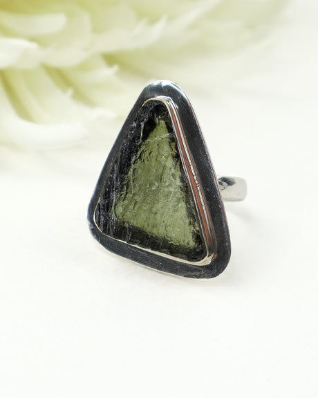 Large natural triangular Czech Moldavite ring handcrafted in solid 925 sterling silver featuring a genuine translucent green Moldavite gemstone, size 8.